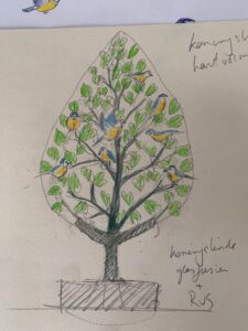 schets boom met vogeltjes