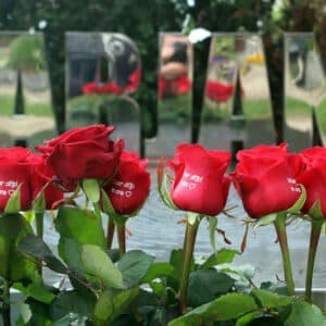 rode rozen op modern grafmonument