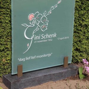 glazen grafsteen met tekening orchidee