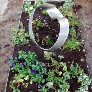 Abstract en eigentijds RVS Grafmonument met ring Mobius voor partner met beplanting