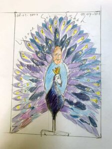 schets met kleurpotlood van glazen gedenkteken met pauw