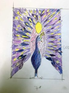 schets met kleurpotlood van islamitisch grafmonument pauw voor islamitische jonge vrouw